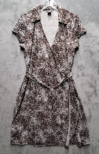 Ann Taylor Dress Womens 14 Petites Brown White Full Wrap Midi V Neck Stretch