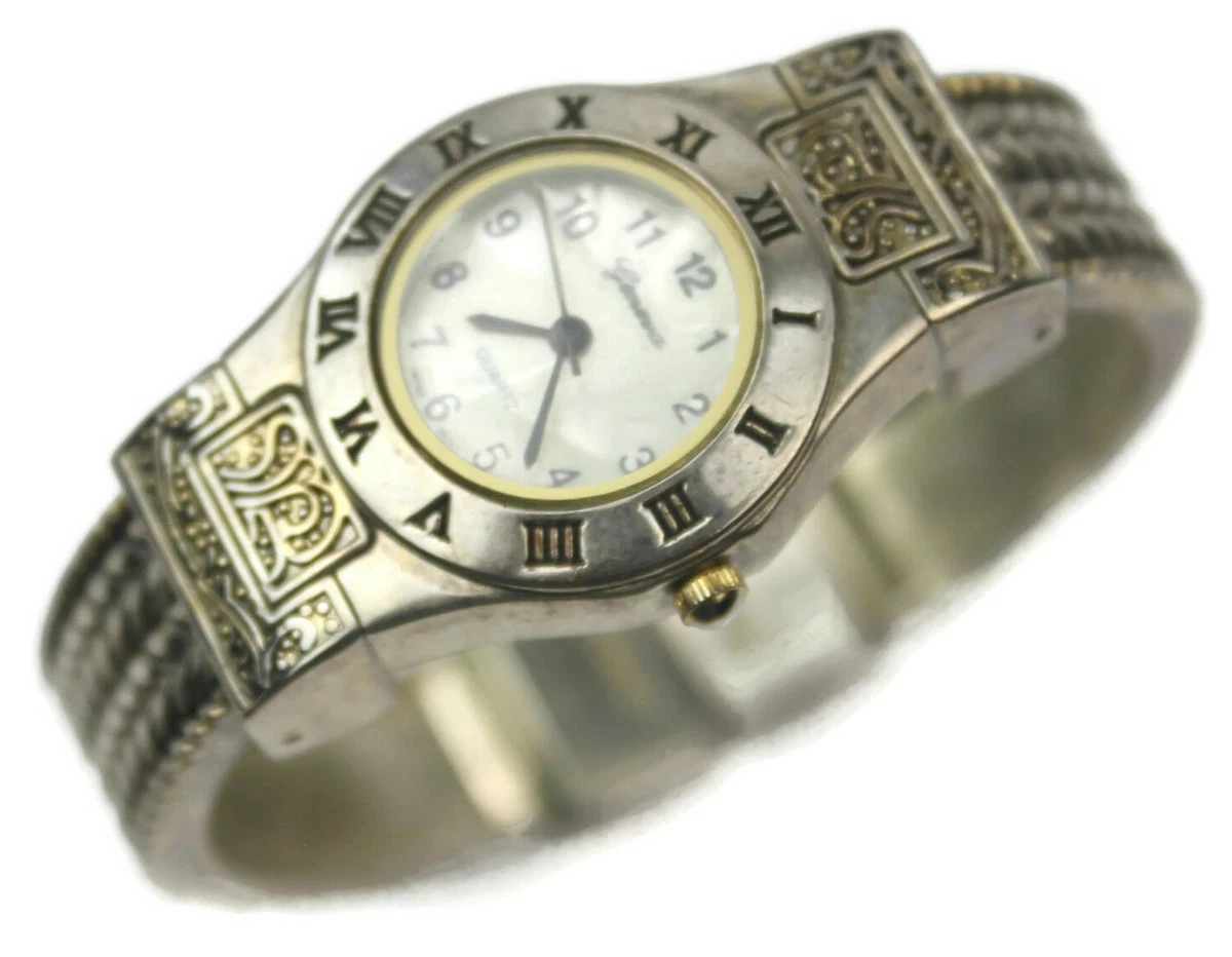 Geneva Ornate Silver Look Ladies Bangle Fancy Style Watch Mother Of Pearl Dial