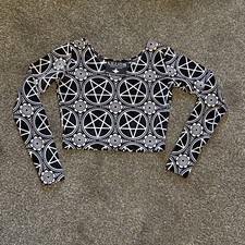 KillStar Cult Luxury Womens M Black White CropTop Midriff Goth Punk Velvet Emo