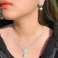 Silver Plated Snowflake Zircon Pearl Dangle Earrings Necklace Bridal Jewelry Set