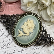 Beach Mermaid VALENTINE Gift Wedding Green Cameo Pin Hair Clip Jewelry Sea Life