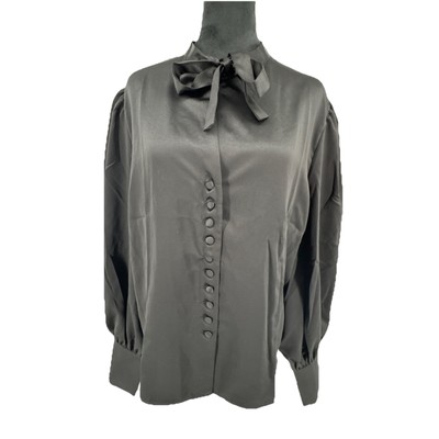 Tom Ford Womens Satin Scarf Neck Top Blouse Black Size XXL  Button Puff Sleeve