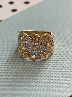14K Yellow Gold Ring White w/ 14K White Gold Butterfly Pave Set Round Diamonds
