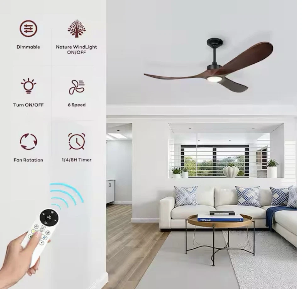 52/60/70in Farmhouse Ceiling Fan Light with Remote 3 Wood Blades Outdoor DC Fan - Image 2 of 4