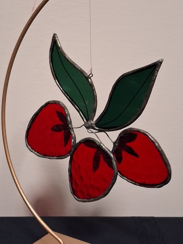 VTG Fruit Stained Glass Suncatcher Strawberries  Lemon Hanging 2 Pieces
