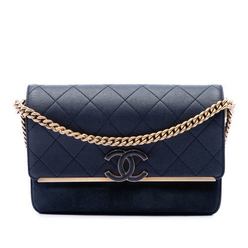 Chanel CC Stitched Caviar and Suede Lady Coco Flap Shoulder Bag Dark Blue