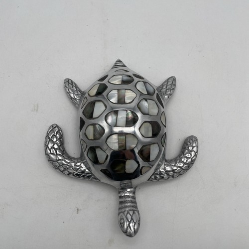 Sea Turtle Sculpture Silver Metal Abalone Shell Inlay Coastal Home Decor 8.5” - Picture 6 of 15