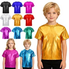 Kids Girls Boys Metallic Crop Tops Dancewear Short Sleeves Gymnastics Dance Tops