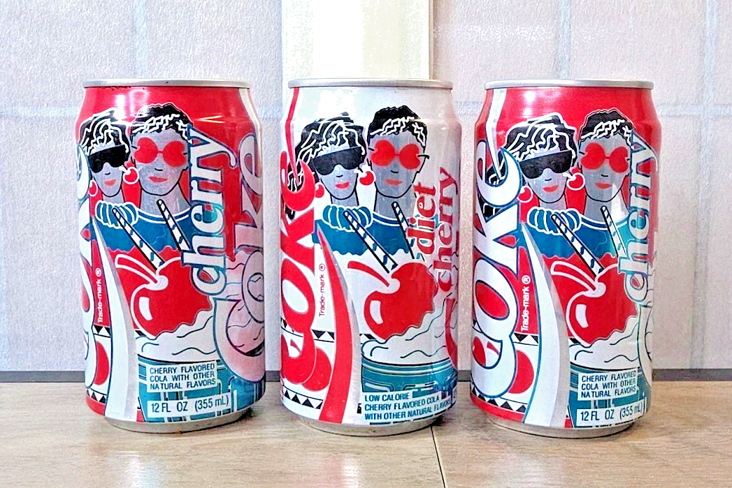 Cherry Coke diet 1980s Pop Art Cans Empty Teal & Red Couple/Women