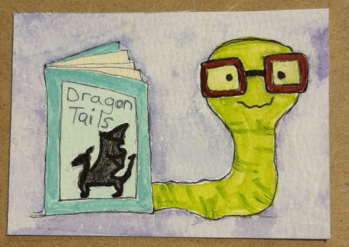 Original Watercolor Drawing Bookworm Dragon Cartoon, ACEO Mini Art, Book lovers