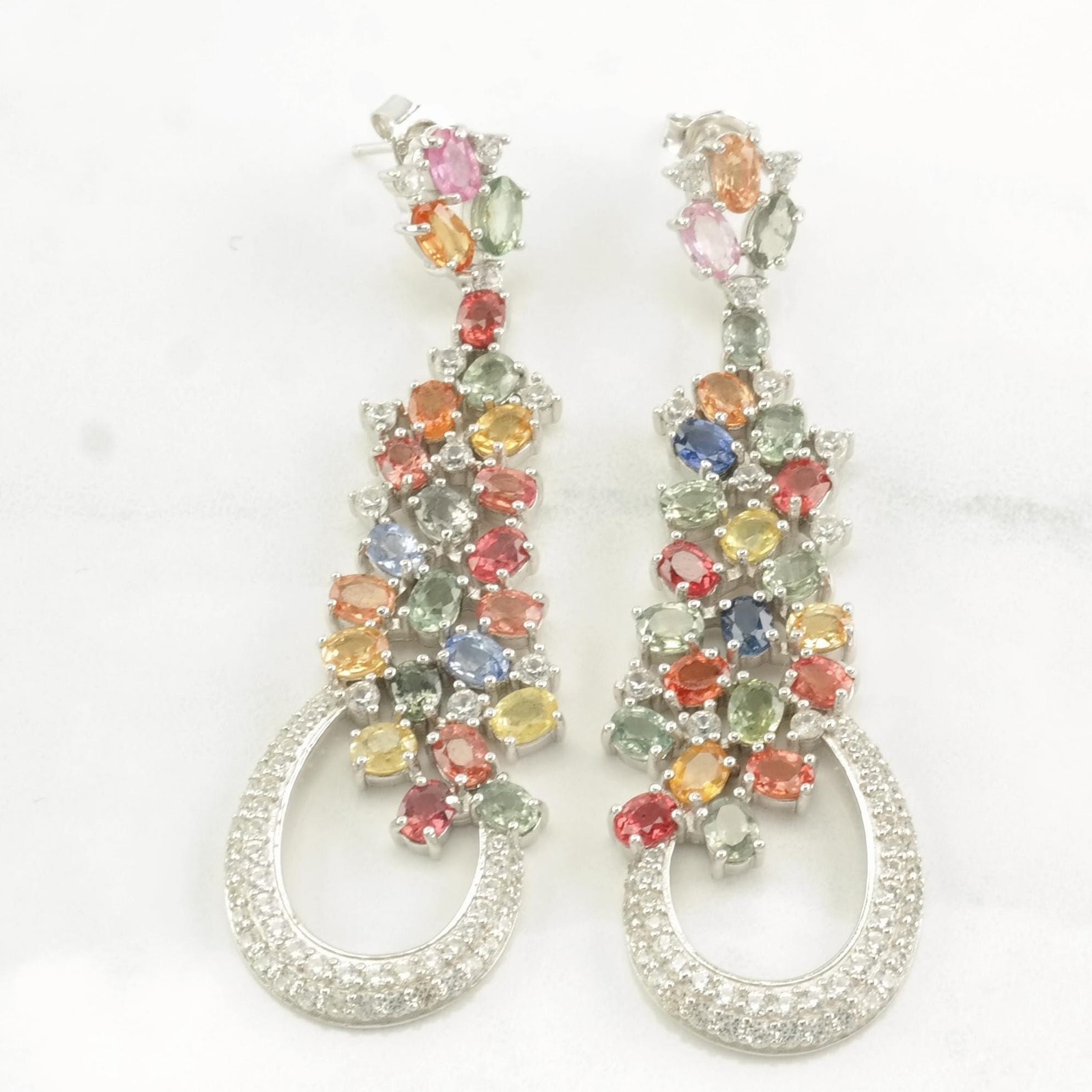 Multicolor Sapphire Cluster  Stud Dangle Sterling… - image 1