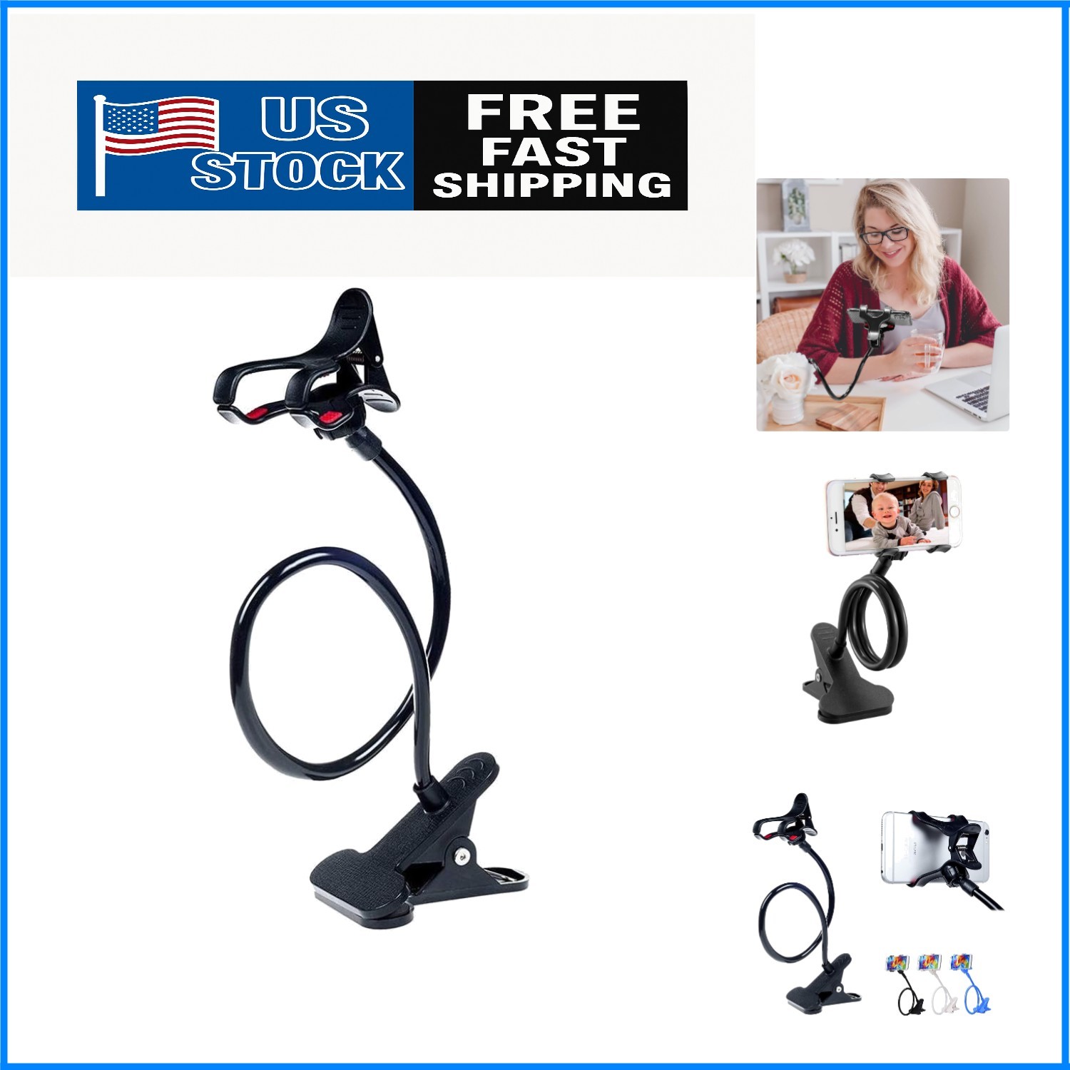 Adjustable Black Gooseneck Clip Holder - Secure and Hands-Free Device Mount