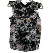 LC Lauren Conrad Medium Sleeveless Top Women Sheer Lined Ruffle Black Floral
