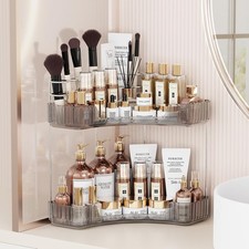 2-Tier Corner Bathroom Counter Organizer with Top Toothbrush Holders,Large Makeu