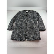 Chico's women size 2 wool blend Tweed Fringe Collarless jacket Coat pockets