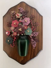Nail Head Wall Plaque Floral Bouquet On Wood Folk Art Handmade 9x6”