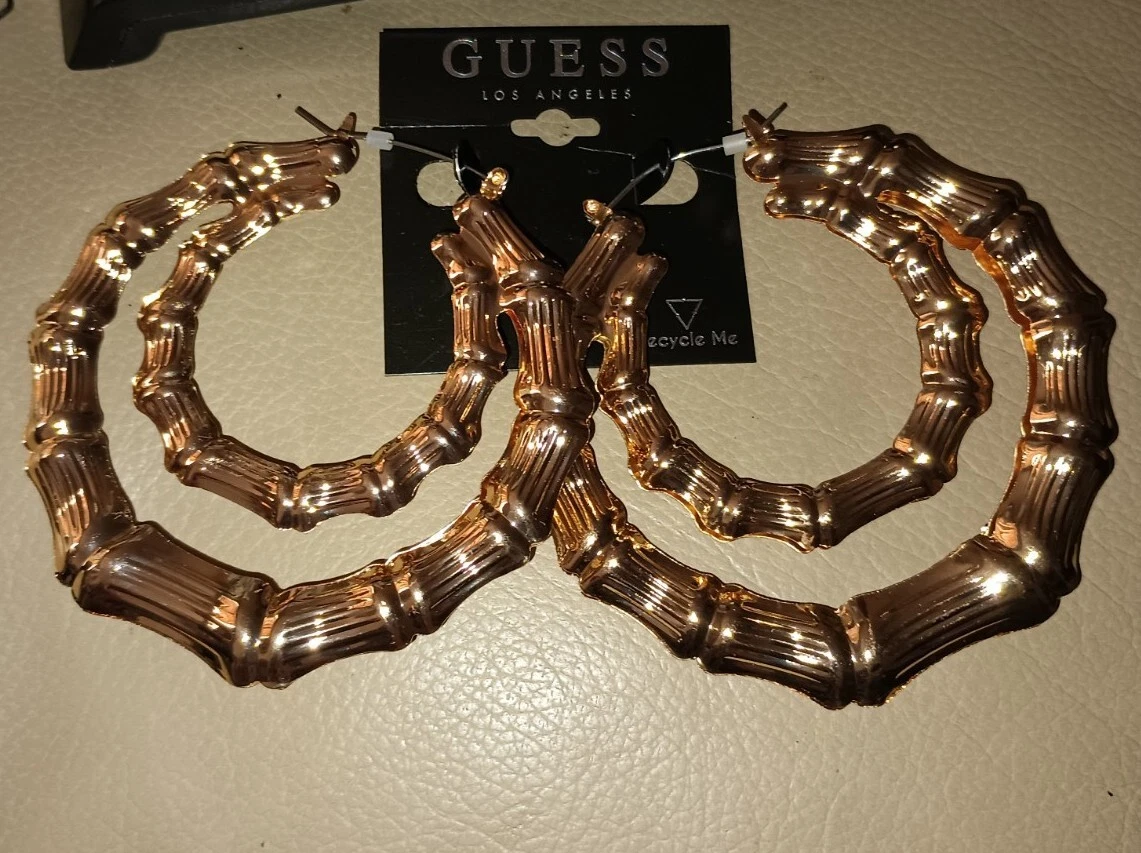 Bling GUESS Double Loop Hoop BAMBOO Giant Earrings Gold Tone NWT