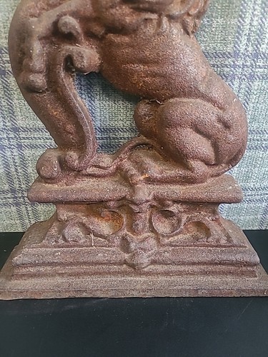 14" Large Antique Victorian Cast Iron Black Lion on Plinth Door Stop Rusted Old - Picture 5 of 14