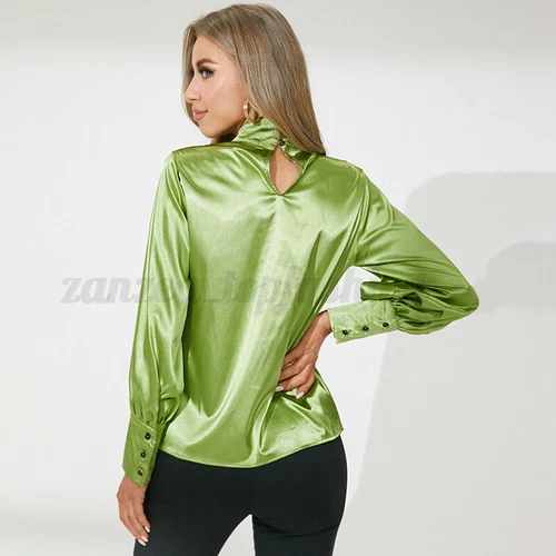 Women Bow Tie Long Puff Sleeve Satin Blouse Tee Shirt Office Ladies Oversize Top - Picture 4 of 21