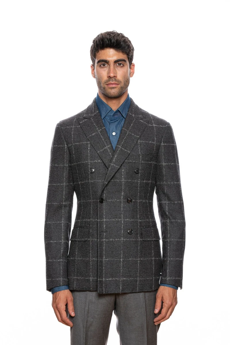 $2390 BELVEST Gray Flannel Wool Windowpane Jacket Double Breasted