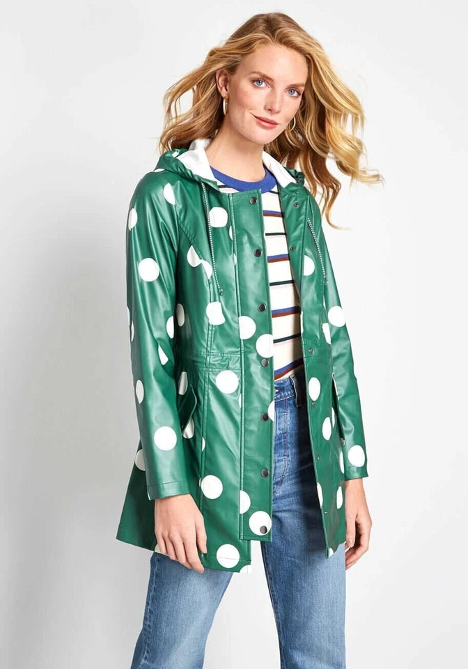 Modcloth Green Polka Dot Raincoat Hooded Jacket Lightweight Women's S - Image 2 of 4