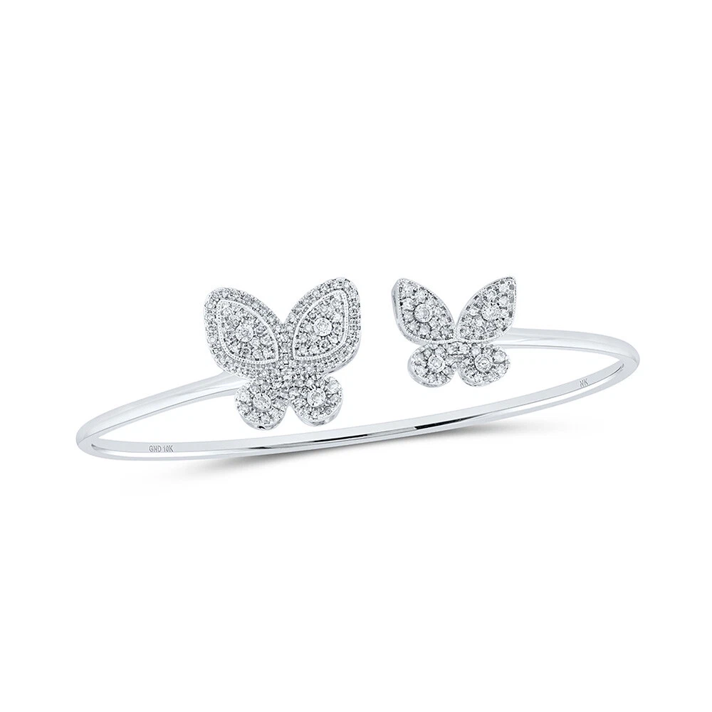 10kt White Gold Womens Round Diamond Butterfly Bangle Bracelet 3 4 Cttw