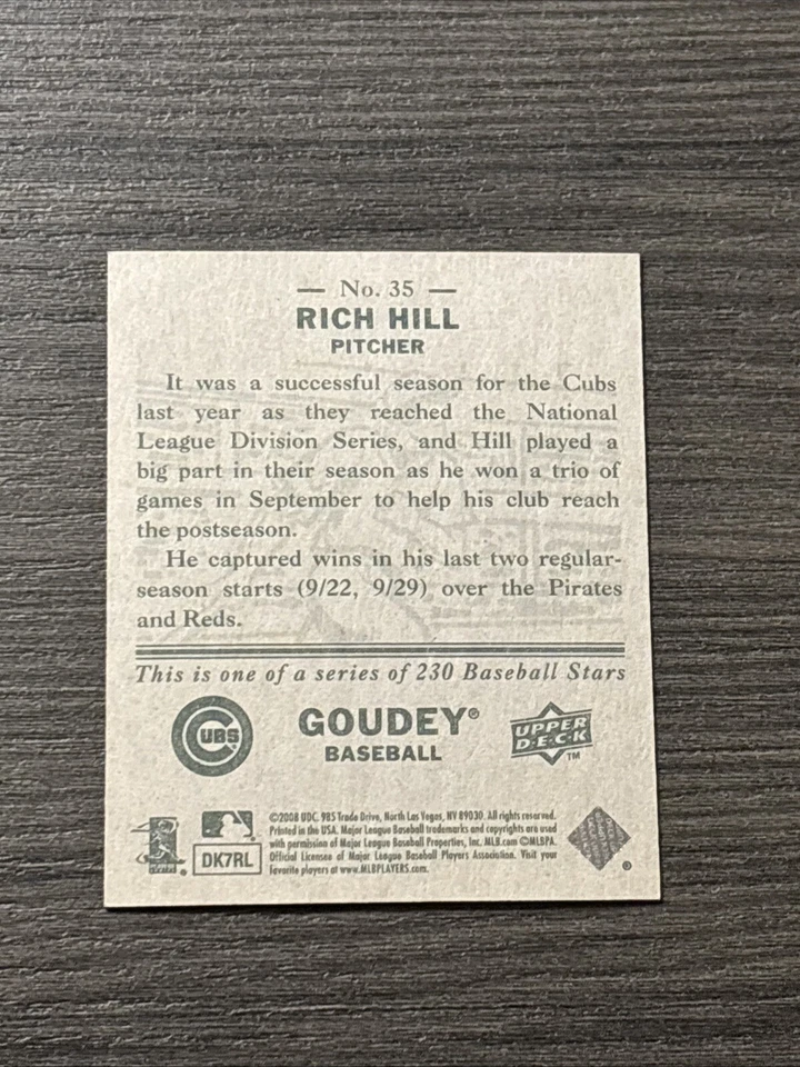 2008 Upper Deck Goudey Mini No35 Rich Hill /88 Chicago Cubs - Изображение 2 из 2