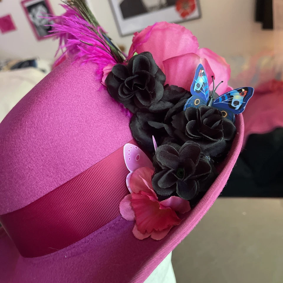 Hat Top Hat Style Tilted Custom Hot Pink Flowers Feathers Trendy Halloween Fun - Image 3 of 4