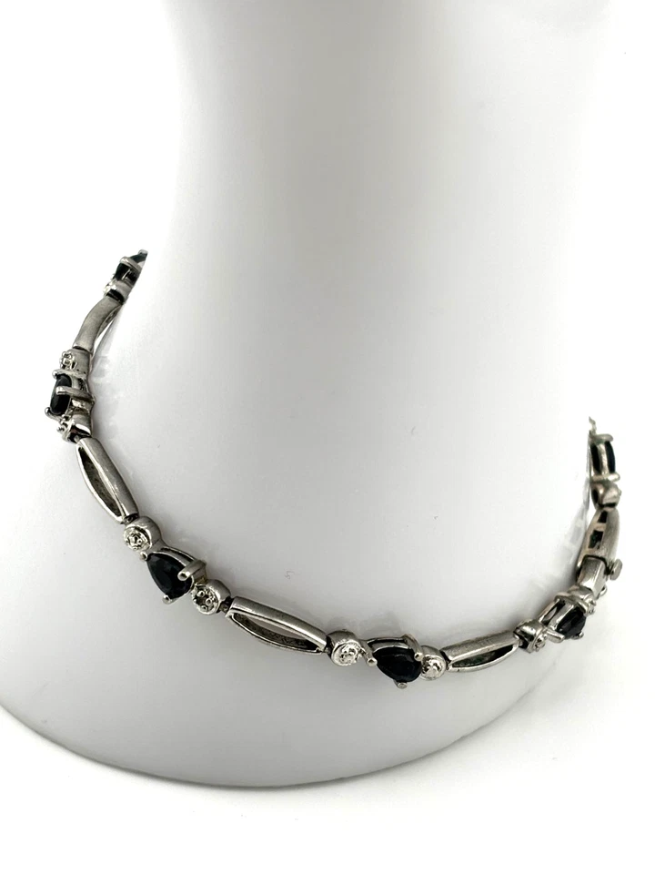 Pulsera Tenis Plata de Ley 925 Zafiro Azul Pera y Piedras Redondas 7.5" China Foto 4 de 4