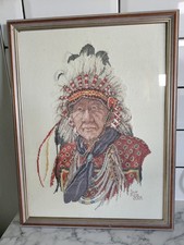 Vintage Hand-Stitched Native American Chief Cross Stitch - Framed 45x35cm 2001