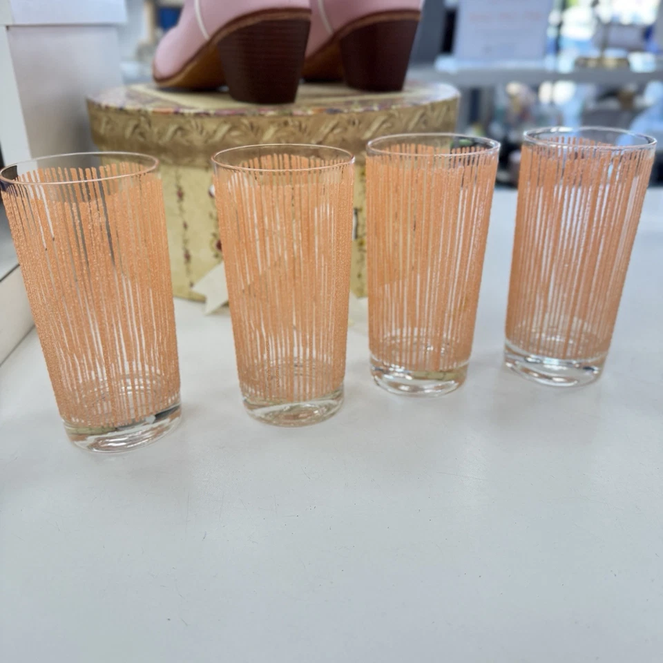 MEDIOS DE SIGLO MODERNO GEORGES BRIARD ROSA TEXTURA ESMERILADA RAYAS VASOS 4p Foto 3 de 4