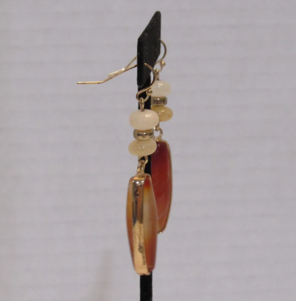 Gold Tone Carnelian Carmel Banded Wrapped Agate Dangle Earrings Boho Chic - Image 2 of 4