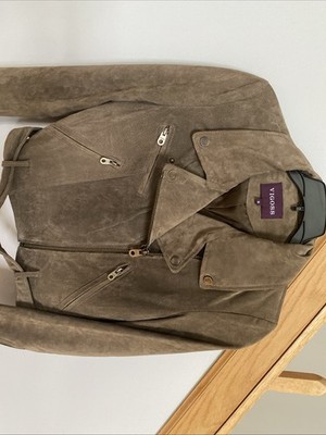 Vigoss  Suede Sz S Taupe Multi Zip Leather Moto Jacket Belted Waist Zip Sleeves