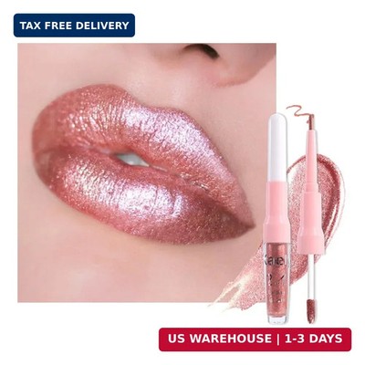 2-in-1 Rose Gold Metallic Lipstick and Lip Liner, Shimmer Liquid Metallic Lipsti