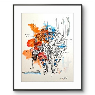 Star Wars Abstract Painting Signed 9x12 Paper Millennium Falcon Orange SWhite