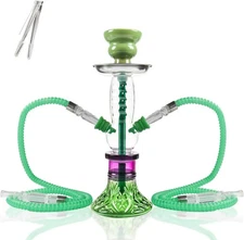 2-Hose Small Green Glass Hookah Set Portable Water Shisha Pipe Bong pliers poker