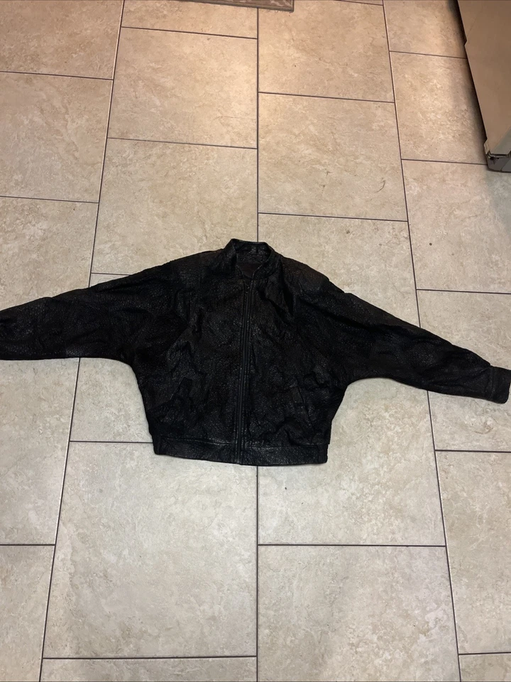 Chaqueta bomber vintage de cuero patchwork 42 años 70 80 punk para mujer negra exótica Foto 3 de 4