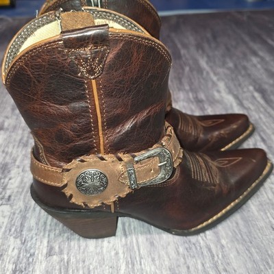 Durango Brown Leather Western Ankle Boots Harness Concho Zip DRD0118 Womens 6.5M