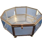 Vintage Brass Glass Footed Hinged Trinket Curio Jewelry Box Octagon 5 1/4  