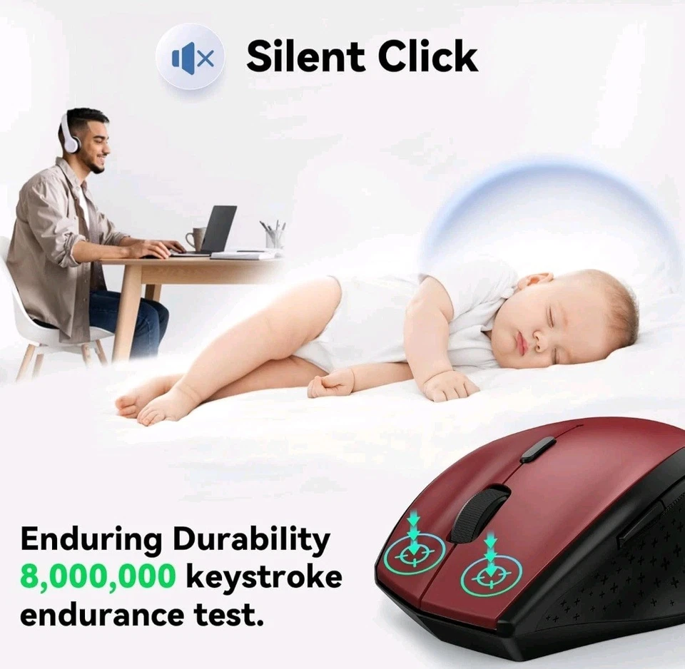 TECKNET 2.4G Wireless Mouse for Laptop, 4800 DPI Optical Computer Mice Red  - Image 3 of 4