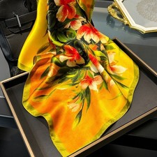 100 Silk Scarf 53 53cm Women Vintage Yellow Flower Kerchief Square Bandana Wrap