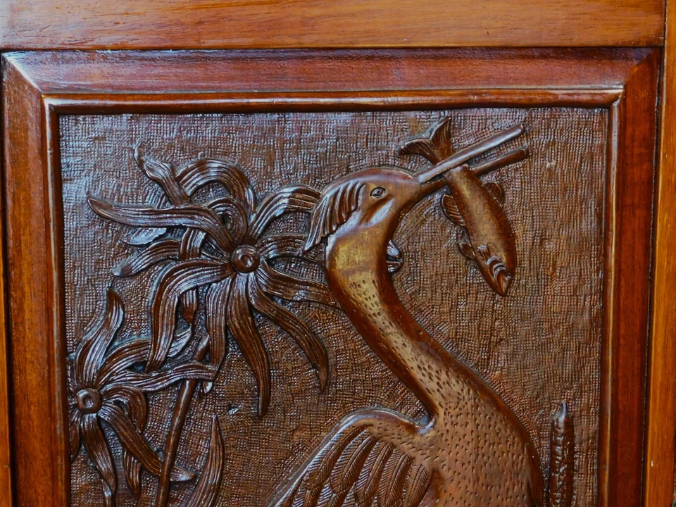 Antique Art Nouveau medicine cabinet hand carved crane fish ca. 1890 mahogany - Image 2 of 4