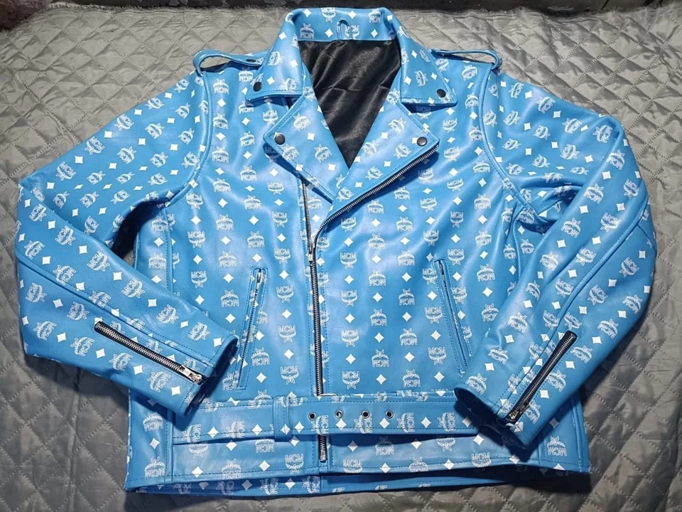 Rare MCM Blue Monogram Leather Jacket – Designer Biker Style with Zippers - Image 2 of 4