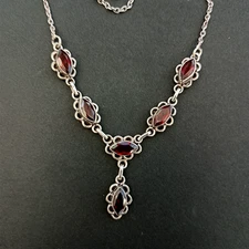 Sterling Silver Garnet Necklace Deadstock Art Deco Revival Marquise Drop Boho