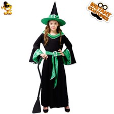 Girls Cosplay Magical Witch for Halloween Party Kids Elegant Green Witch Dress