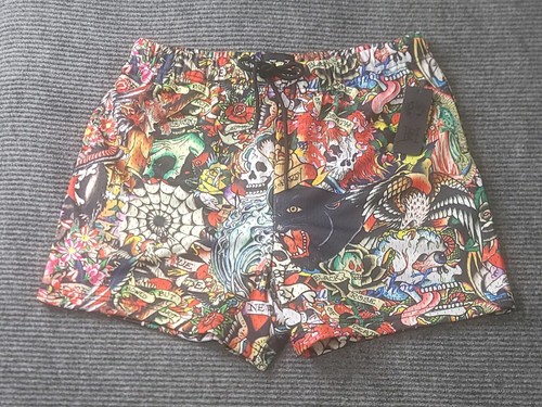Ed Hardy Mens Mesh Collage Shorts Gym Tattoo Rock Punk Skull Designer Size 2XL