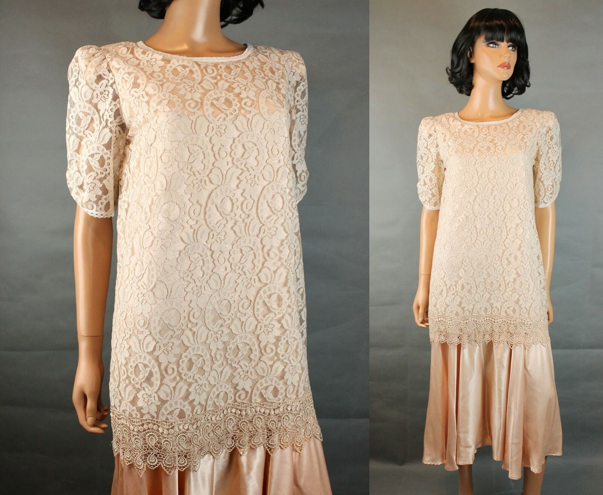 80s Prom Gown Sz S M Vintage Peach Satin Beige Floral Lace Flapper Dress |  eBay