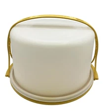 Vintage Tupperware Cake Carrier Round Harvest Gold 10" W/ Lid & Handle Complete