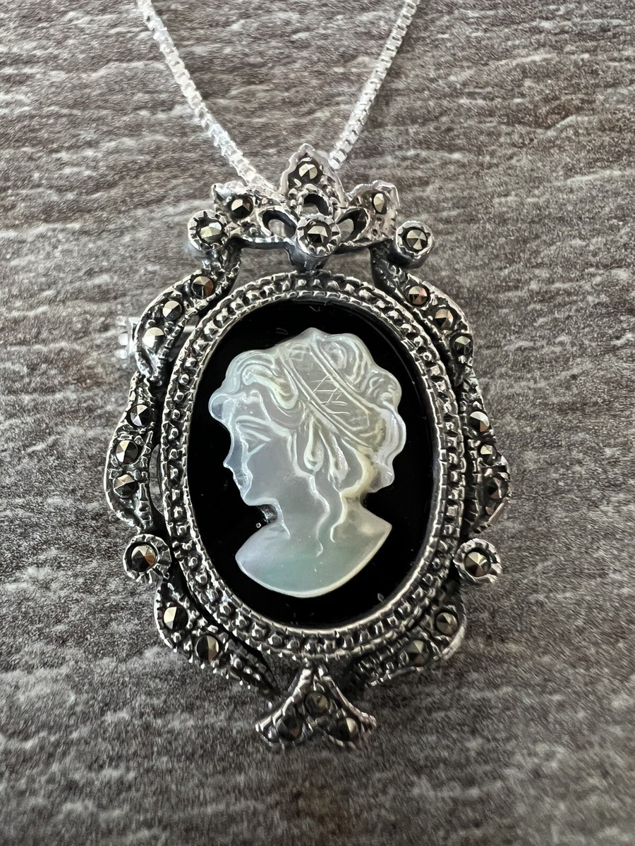 VTG STERLING SILVER ONYX MARCASITE CAMEO PENDANT BROOCH W/ 30