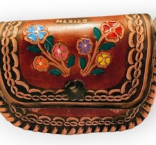 Handmade Leather Purse Hand Tooled Hand Painted Leather Floral Handbag Mexico